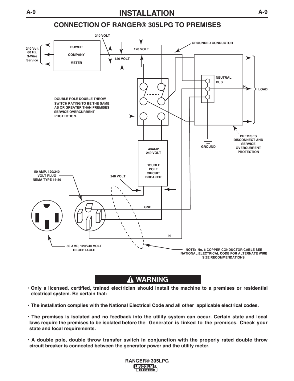 Installation, Connection of ranger® 305lpg to premises warning | Lincoln Electric IM10043 RANGER 305 LPG User Manual | Page 17 / 52