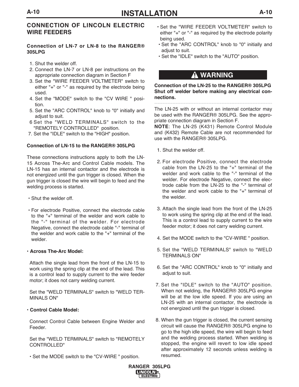 Installation, Warning | Lincoln Electric IM10043 RANGER 305 LPG User Manual | Page 18 / 52