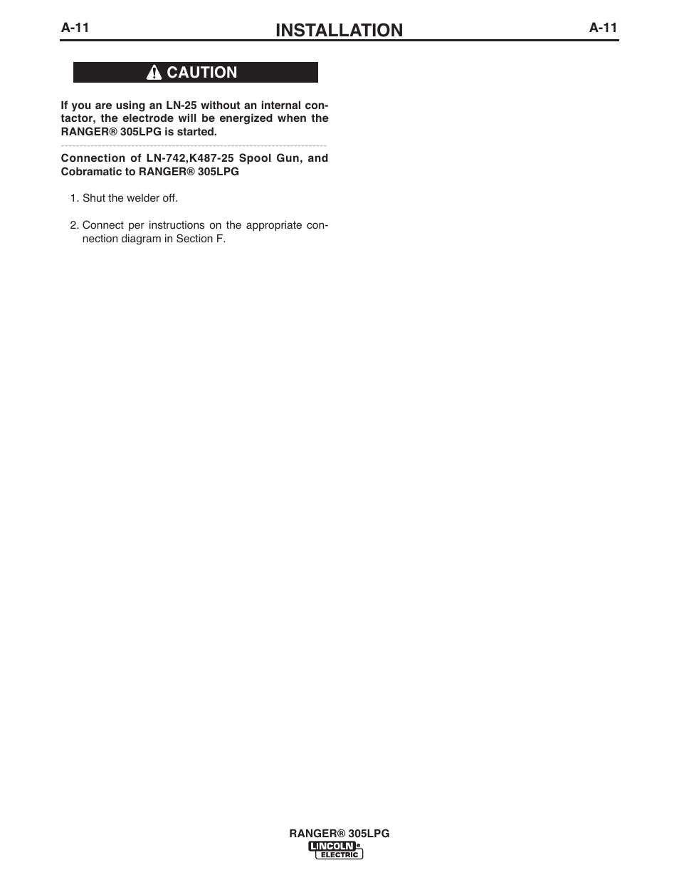 Installation, Caution | Lincoln Electric IM10043 RANGER 305 LPG User Manual | Page 19 / 52