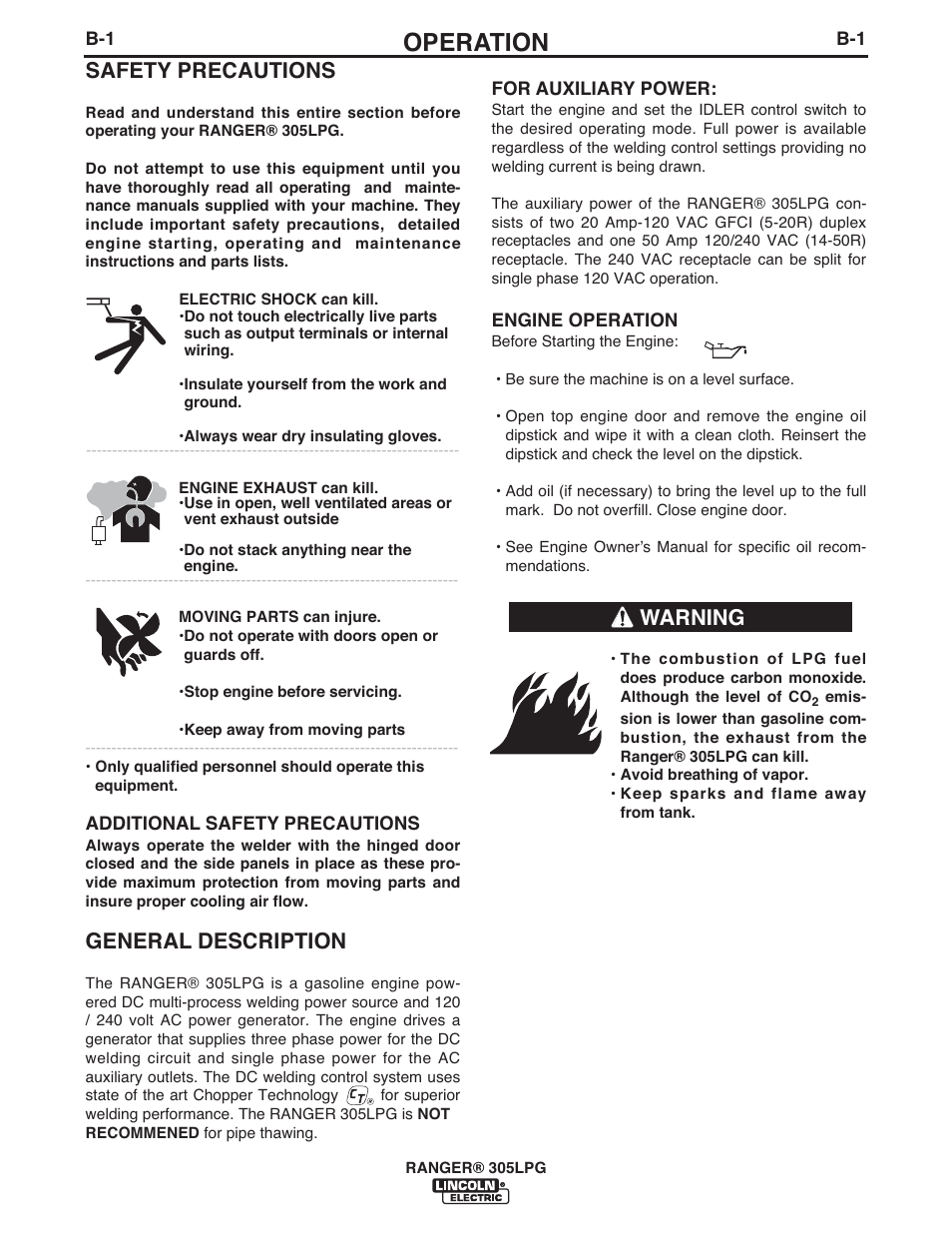 Operation, General description, Safety precautions | Warning | Lincoln Electric IM10043 RANGER 305 LPG User Manual | Page 20 / 52