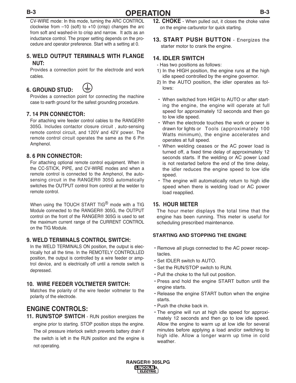 Operation, Engine controls | Lincoln Electric IM10043 RANGER 305 LPG User Manual | Page 22 / 52