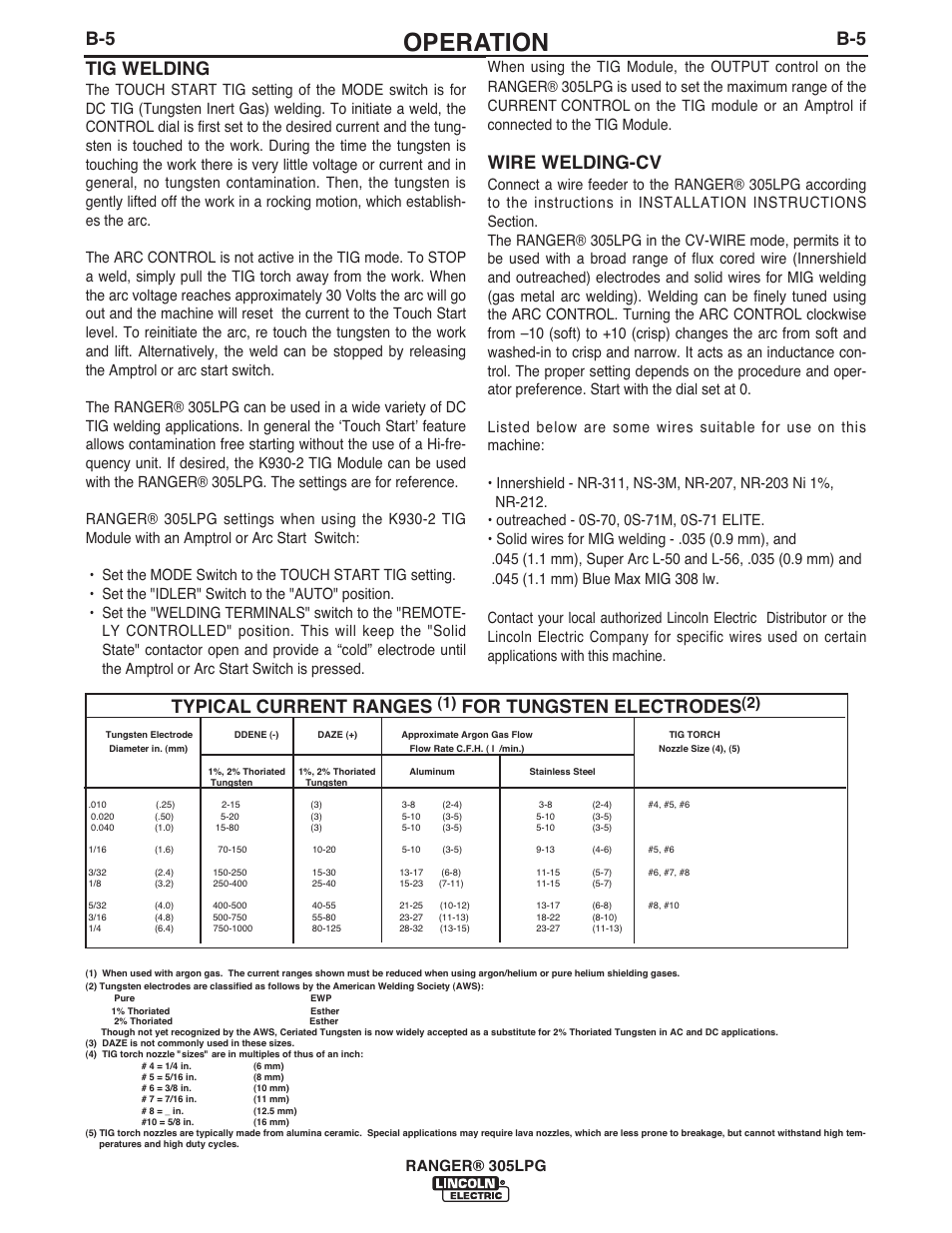 Operation, B-5 tig welding, Wire welding-cv | Typical current ranges, For tungsten electrodes | Lincoln Electric IM10043 RANGER 305 LPG User Manual | Page 24 / 52