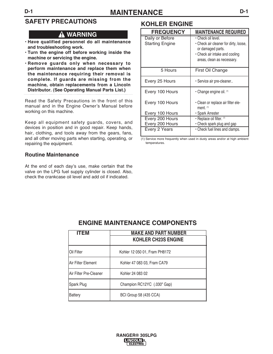 Maintenance, Kohler engine, Safety precautions | Warning, Engine maintenance components | Lincoln Electric IM10043 RANGER 305 LPG User Manual | Page 27 / 52