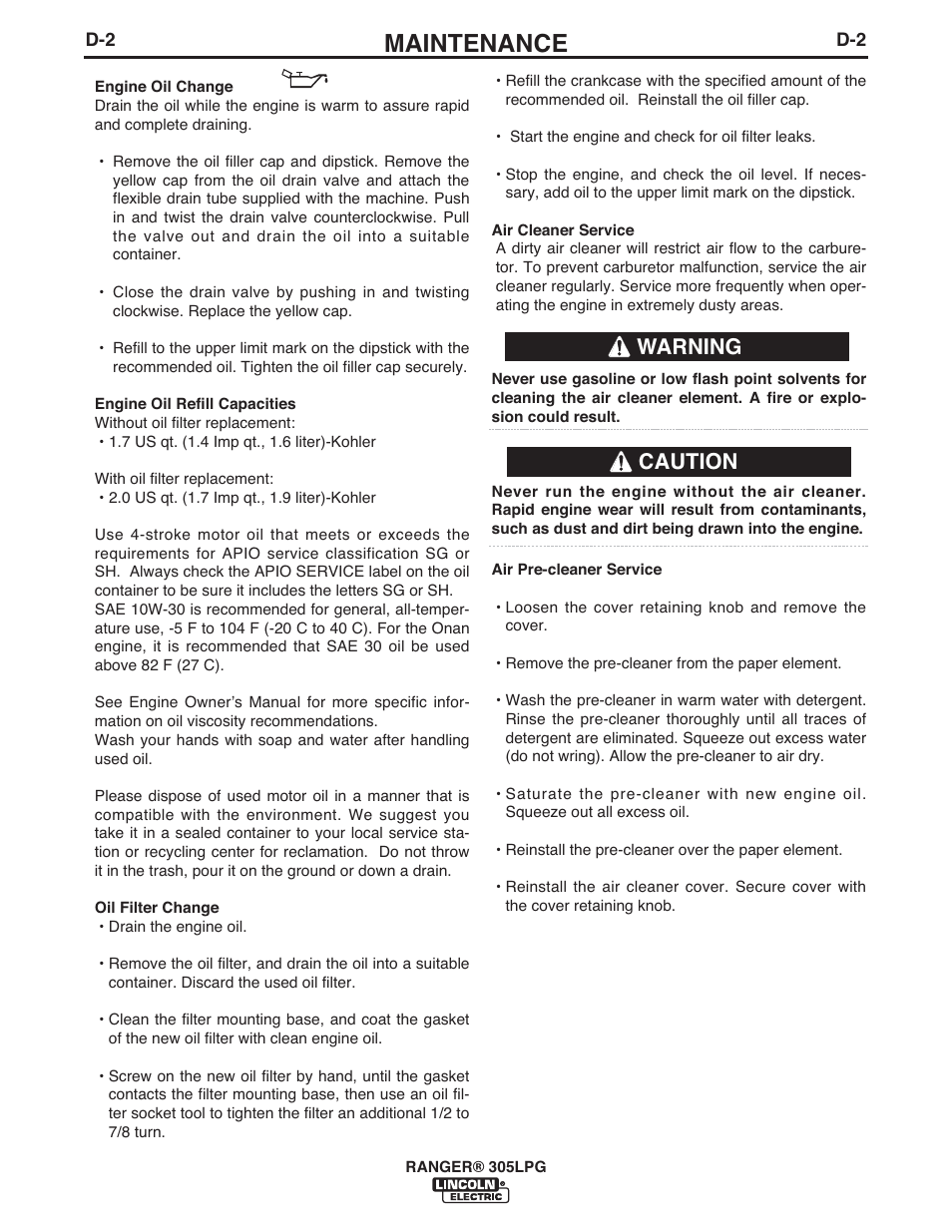 Maintenance, Caution warning | Lincoln Electric IM10043 RANGER 305 LPG User Manual | Page 28 / 52