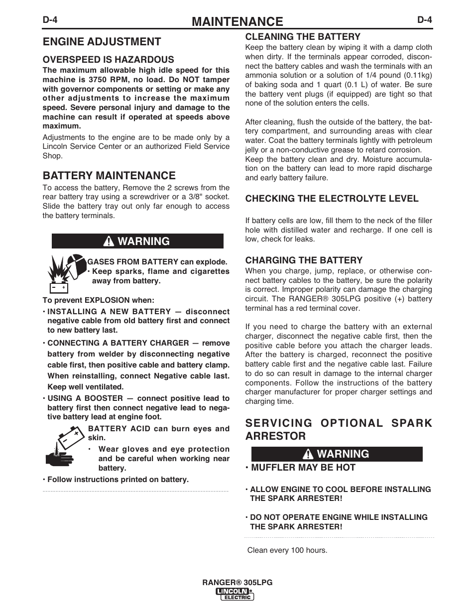 Maintenance, Engine adjustment, Battery maintenance | Servicing optional spark arrestor, Warning | Lincoln Electric IM10043 RANGER 305 LPG User Manual | Page 30 / 52