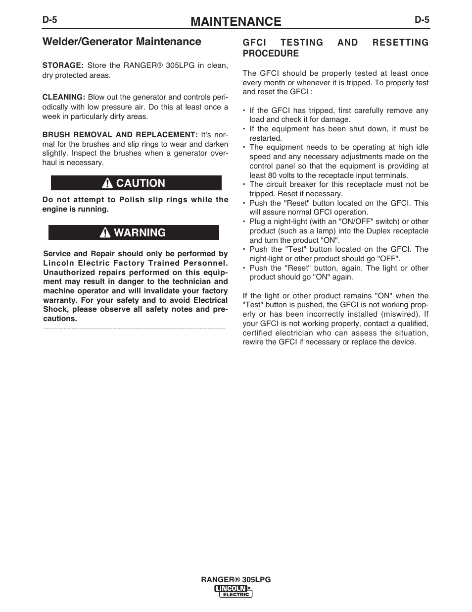 Maintenance, Welder/generator maintenance, Warning caution | Lincoln Electric IM10043 RANGER 305 LPG User Manual | Page 31 / 52