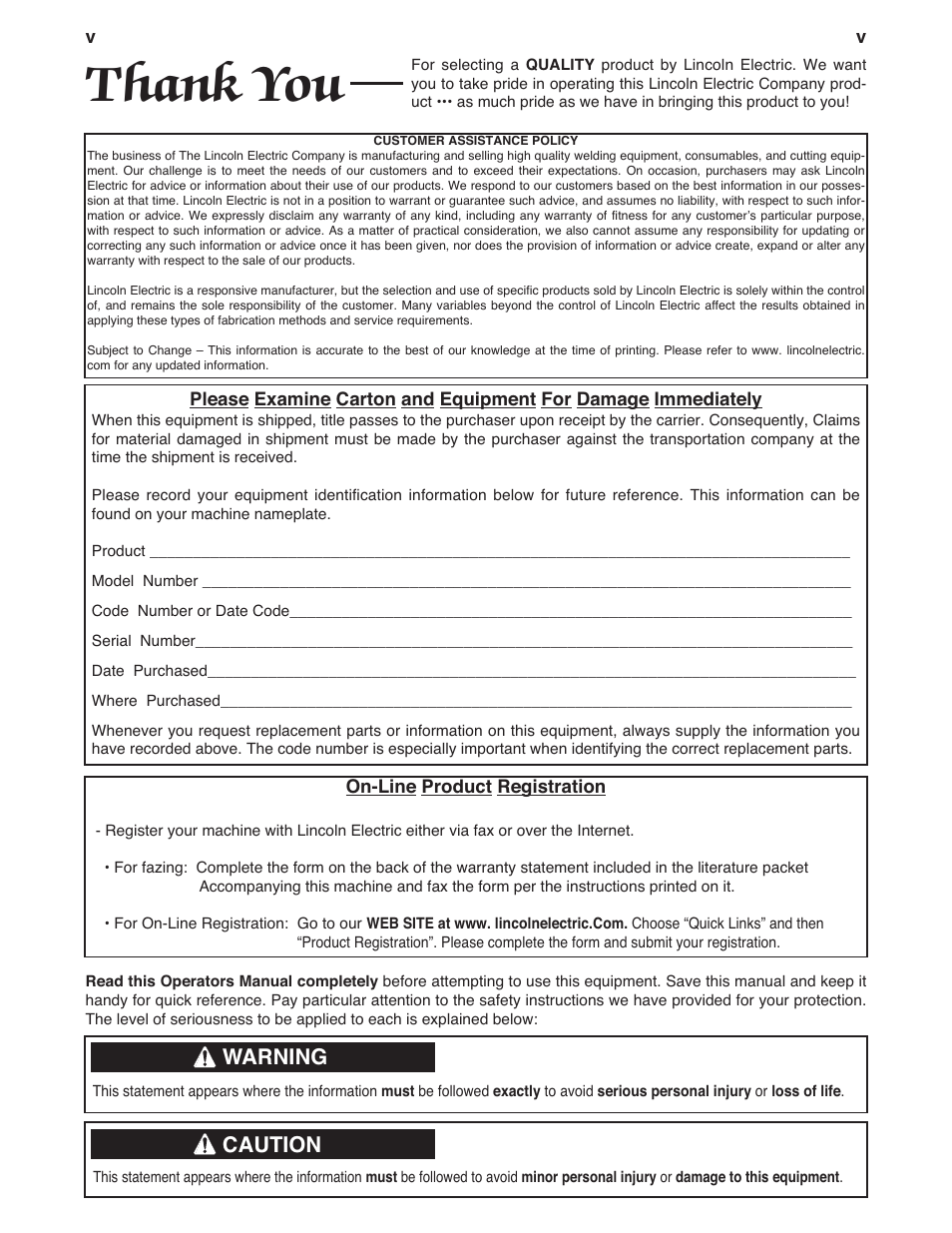 Warning, Caution | Lincoln Electric IM10043 RANGER 305 LPG User Manual | Page 6 / 52