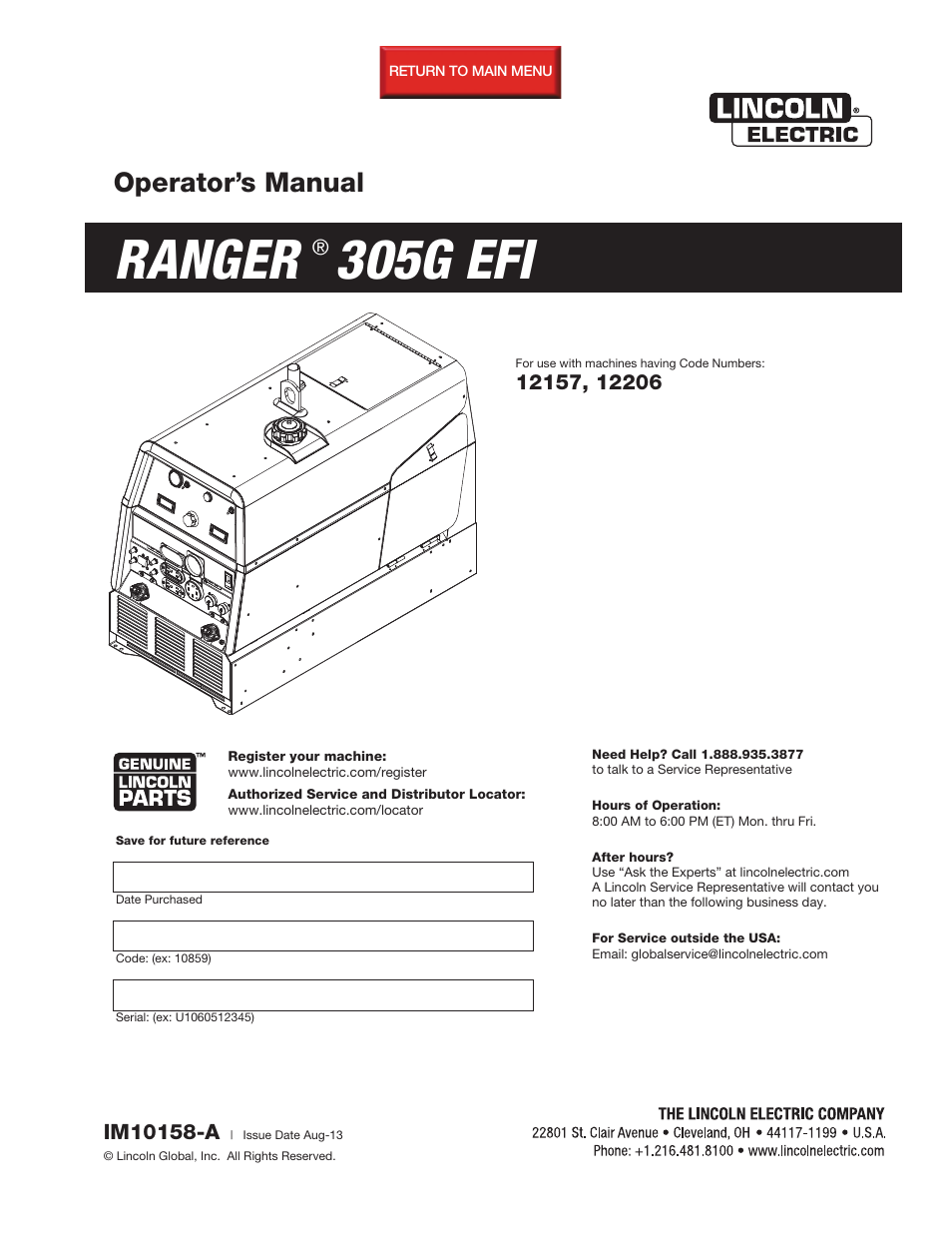 Lincoln Electric IM10158 RANGER 305 G EFI User Manual | 64 pages