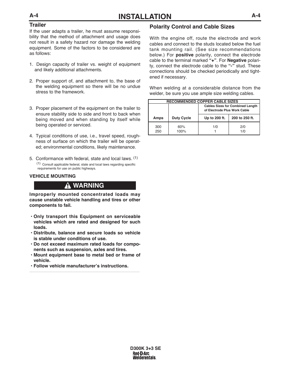 Installation, Warning, A-4 trailer | Polarity control and cable sizes | Lincoln Electric IM10156 RED-D-ARC D300K 3+3 SE User Manual | Page 11 / 60