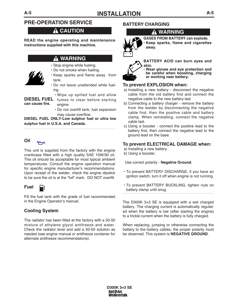 Installation, Pre-operation service, Caution | Warning | Lincoln Electric IM10156 RED-D-ARC D300K 3+3 SE User Manual | Page 12 / 60