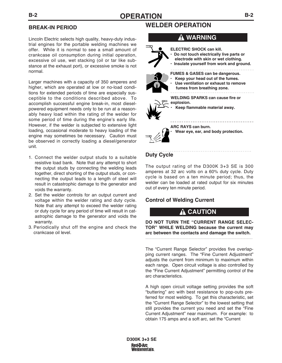 Operation, Welder operation, Warning caution | Lincoln Electric IM10156 RED-D-ARC D300K 3+3 SE User Manual | Page 14 / 60