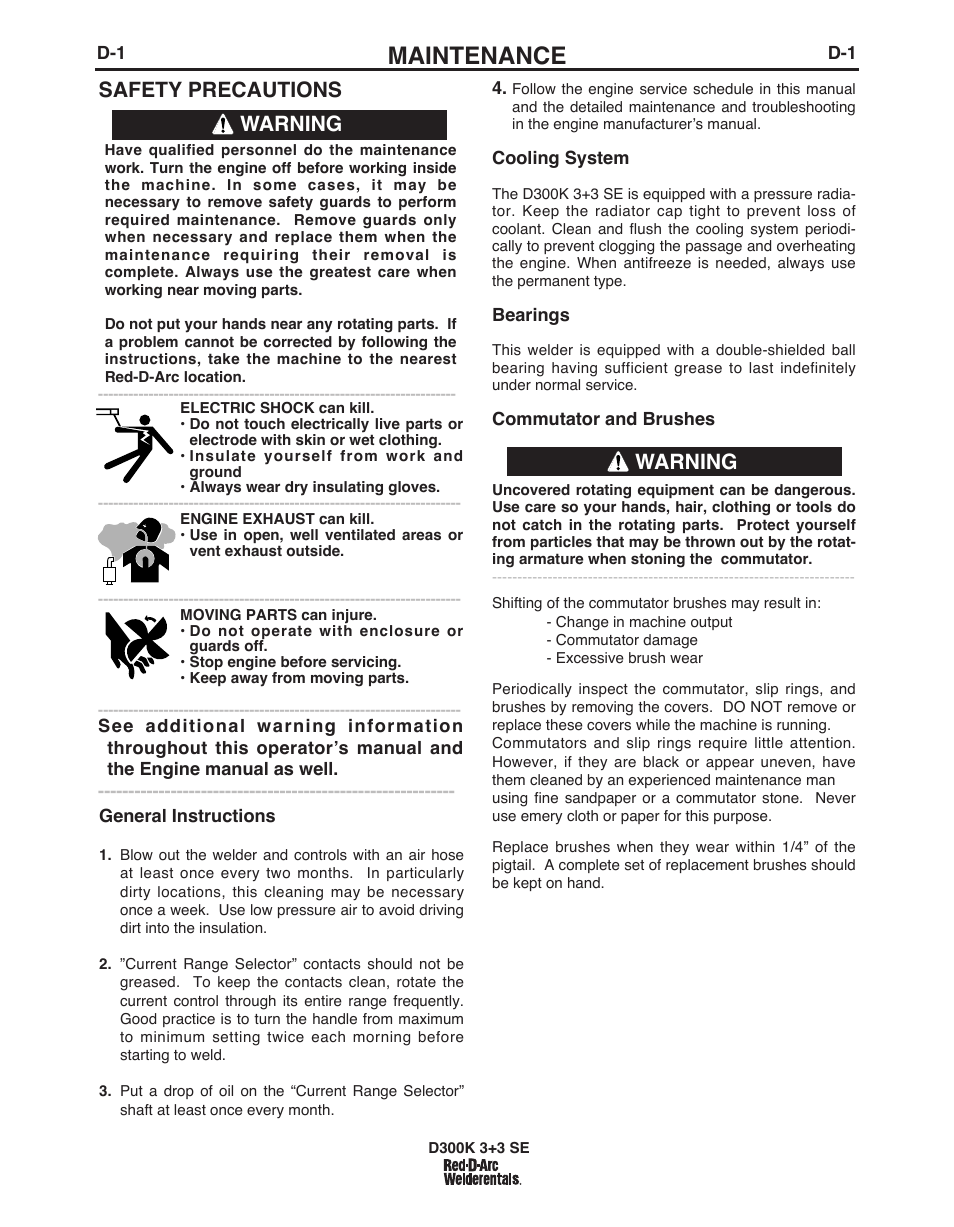 Maintenance, Safety precautions, Warning | Lincoln Electric IM10156 RED-D-ARC D300K 3+3 SE User Manual | Page 16 / 60