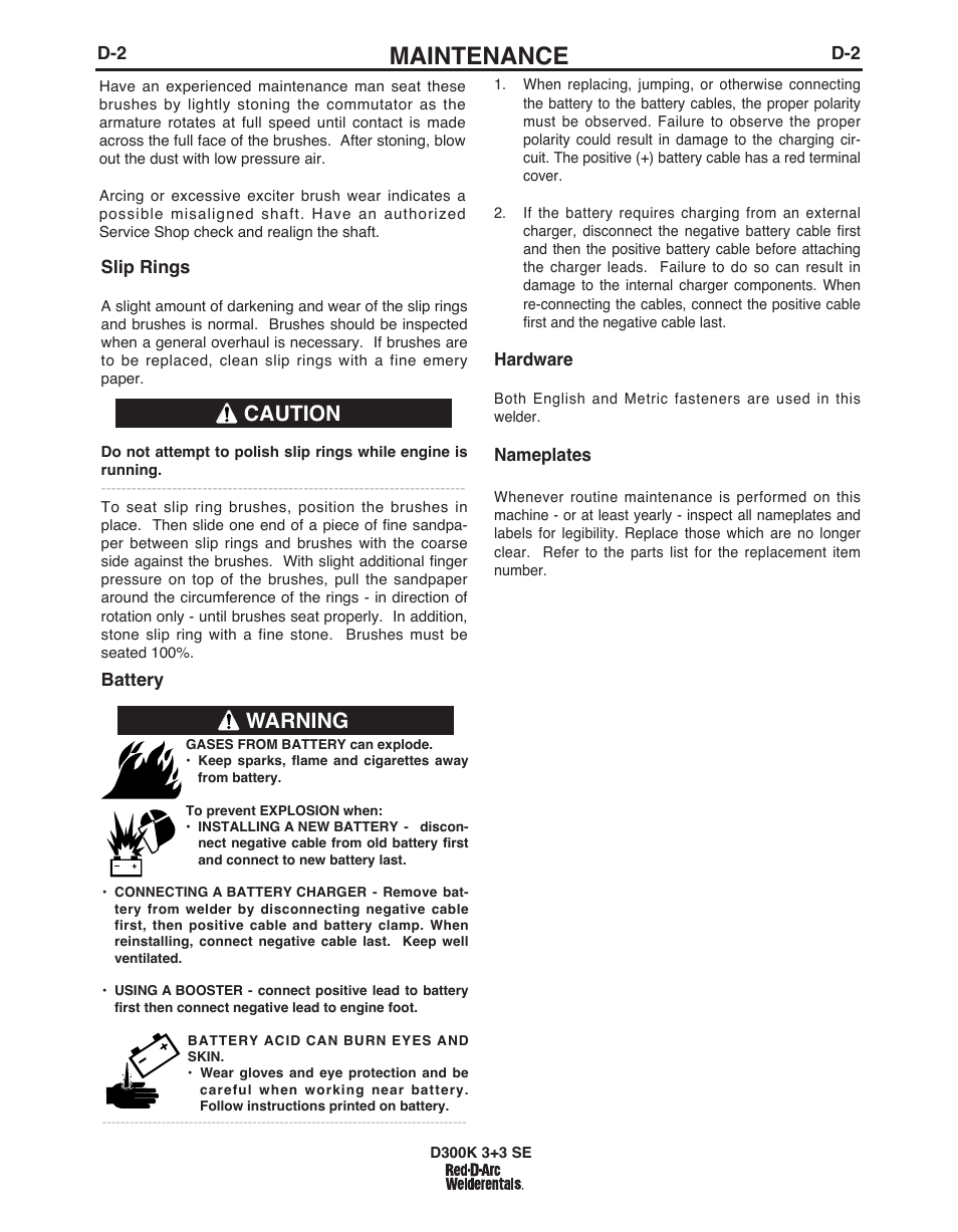 Maintenance, Warning, Caution | Lincoln Electric IM10156 RED-D-ARC D300K 3+3 SE User Manual | Page 17 / 60