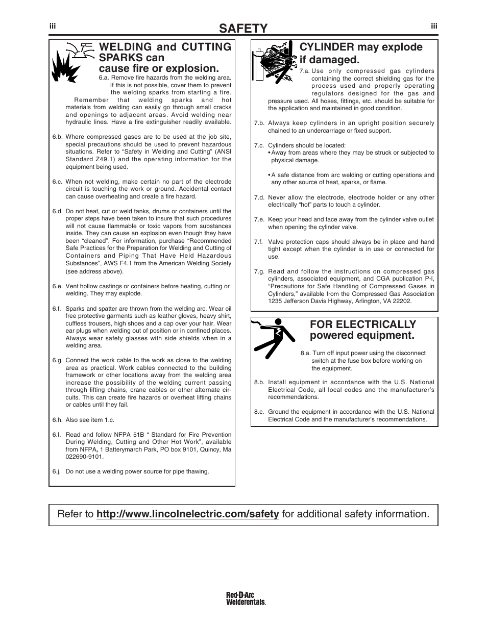 Safety, For electrically powered equipment, Cylinder may explode if damaged | Lincoln Electric IM10156 RED-D-ARC D300K 3+3 SE User Manual | Page 4 / 60