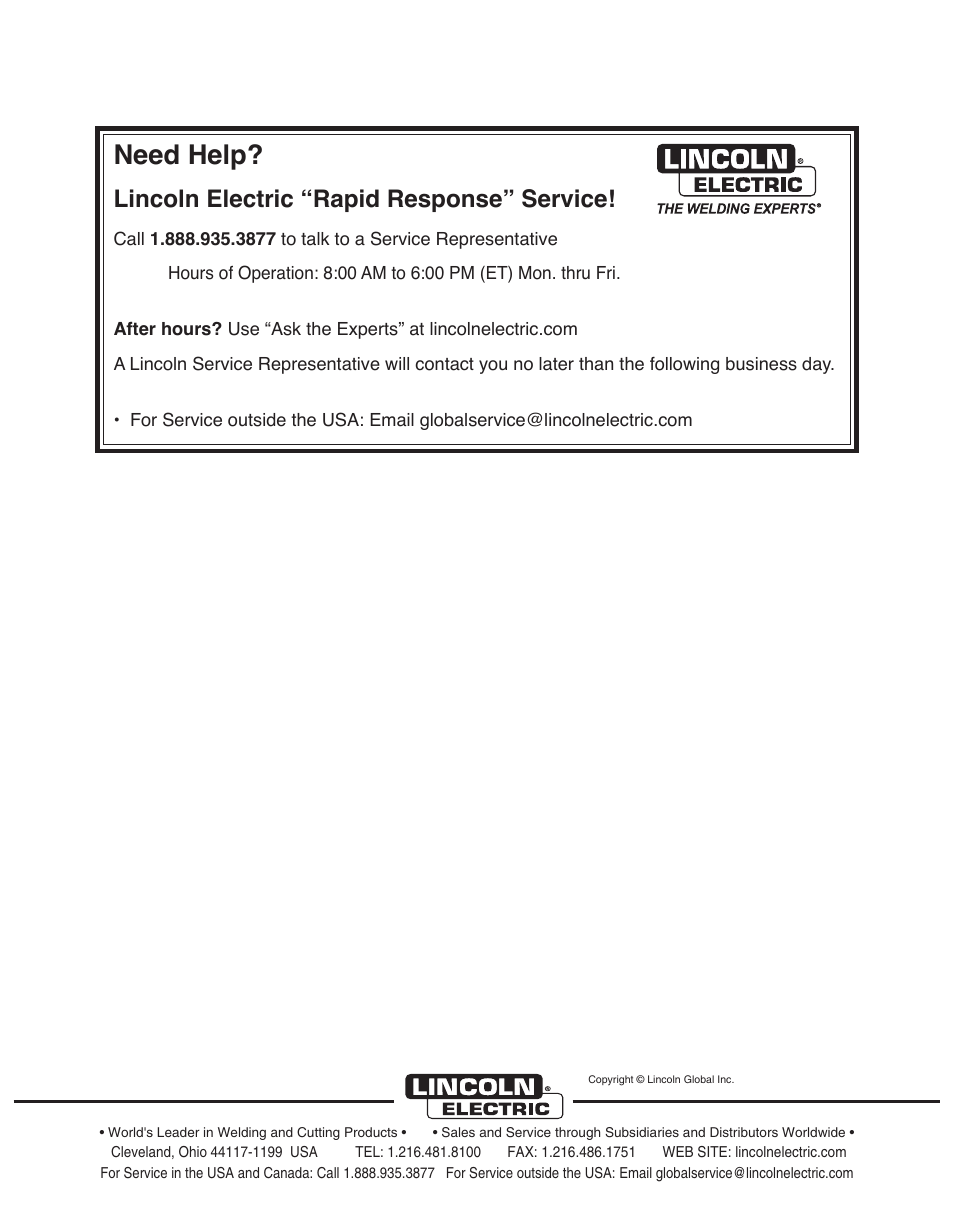 Need help, Lincoln electric “rapid response” service | Lincoln Electric IM10156 RED-D-ARC D300K 3+3 SE User Manual | Page 60 / 60