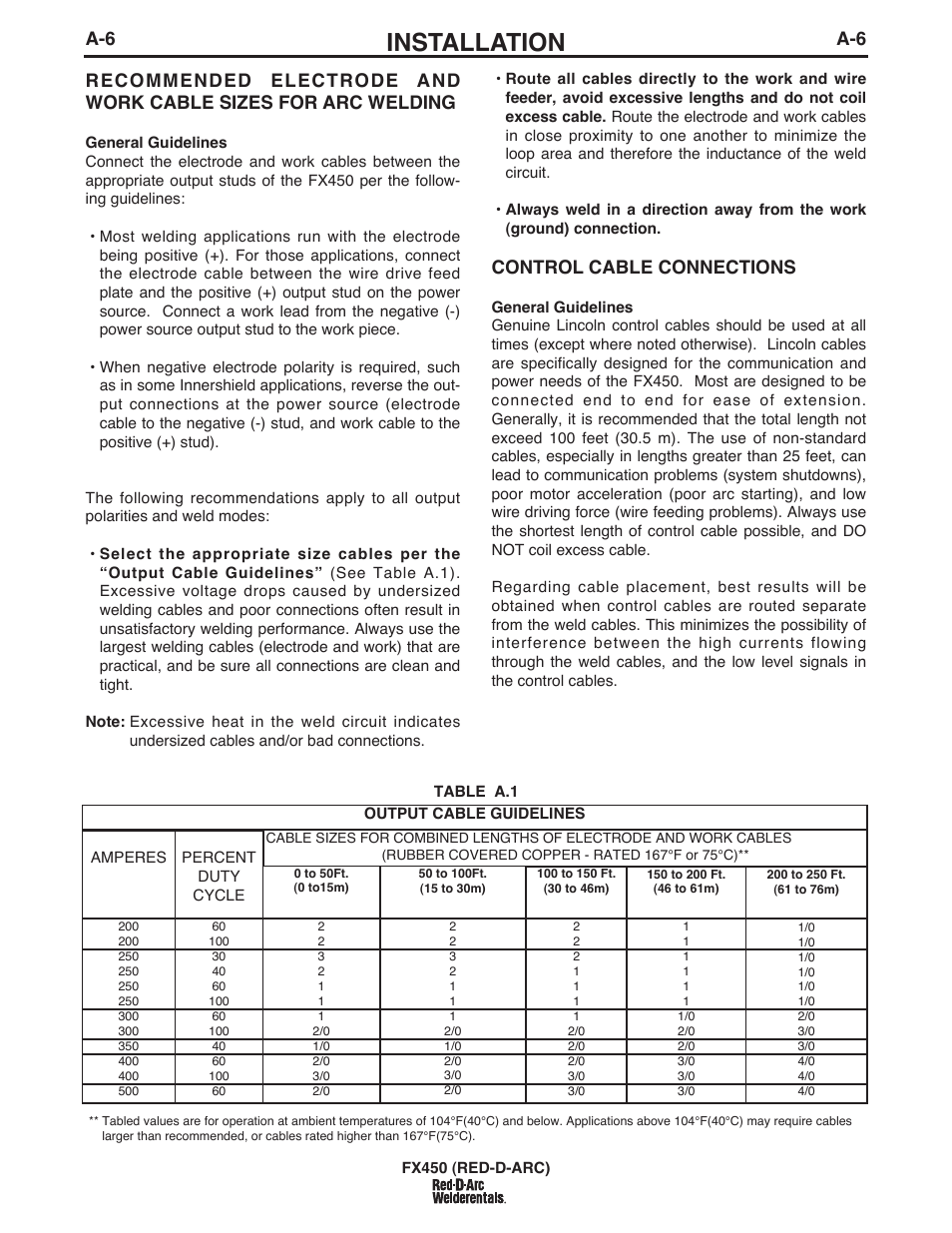 Installation, Control cable connections | Lincoln Electric IM10124 RED-D-ARC FX450 User Manual | Page 13 / 34