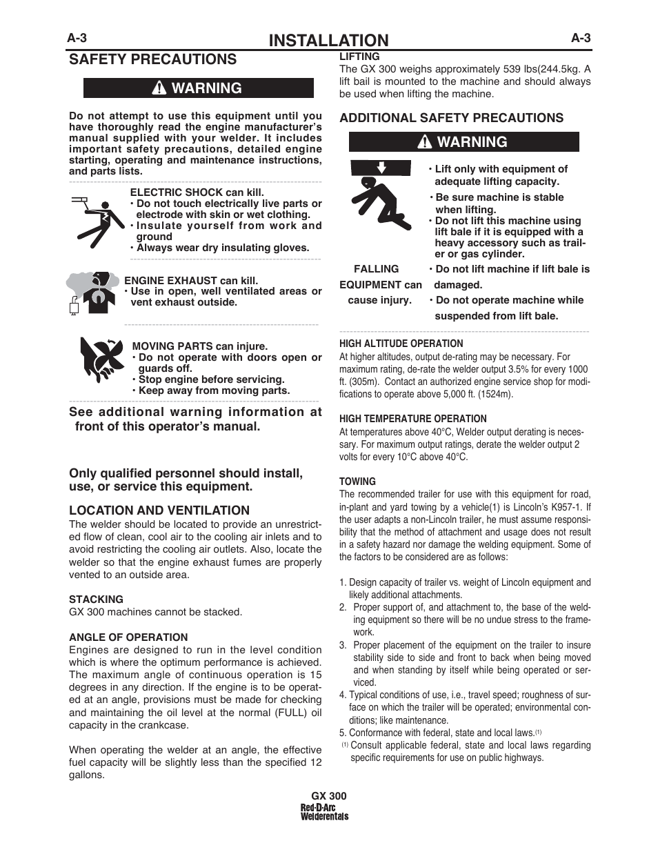 Installation, Safety precautions, Warning | Lincoln Electric IM10047 RED-D-ARC GX300 User Manual | Page 11 / 68