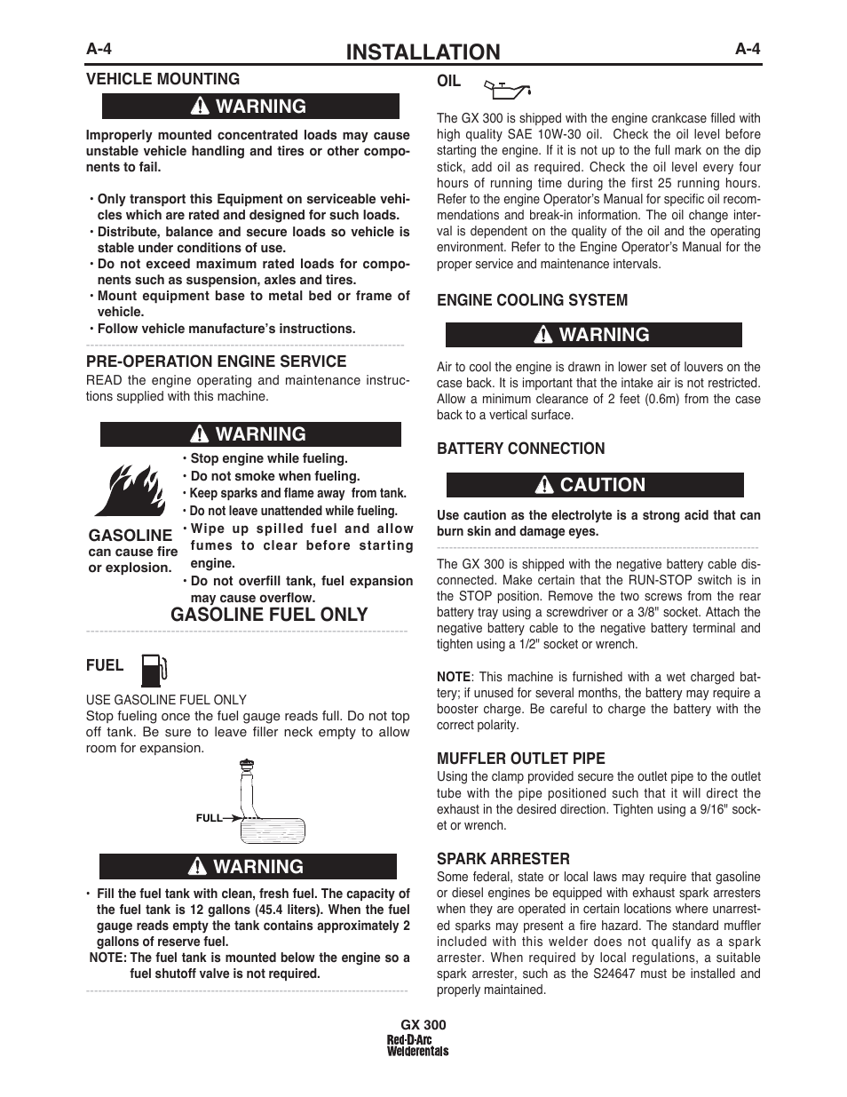 Installation, Warning, Warning caution | Gasoline fuel only | Lincoln Electric IM10047 RED-D-ARC GX300 User Manual | Page 12 / 68