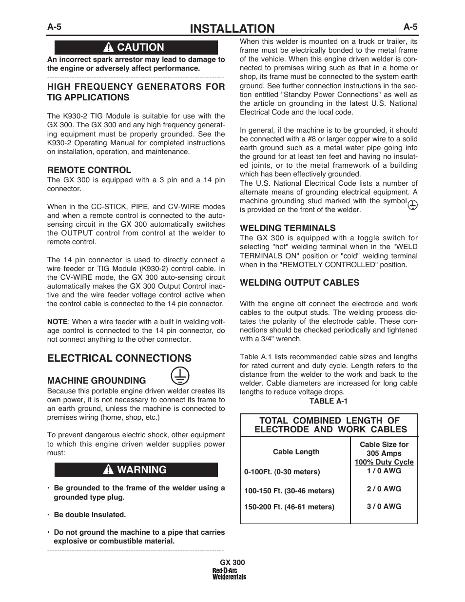 Installation, Electrical connections, Warning caution | Lincoln Electric IM10047 RED-D-ARC GX300 User Manual | Page 13 / 68