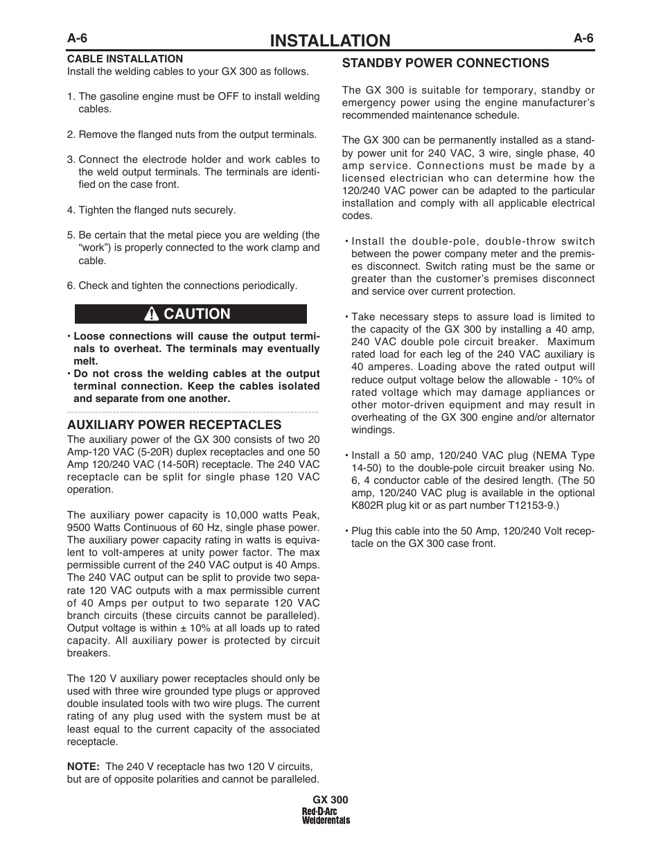 Installation, Caution | Lincoln Electric IM10047 RED-D-ARC GX300 User Manual | Page 14 / 68