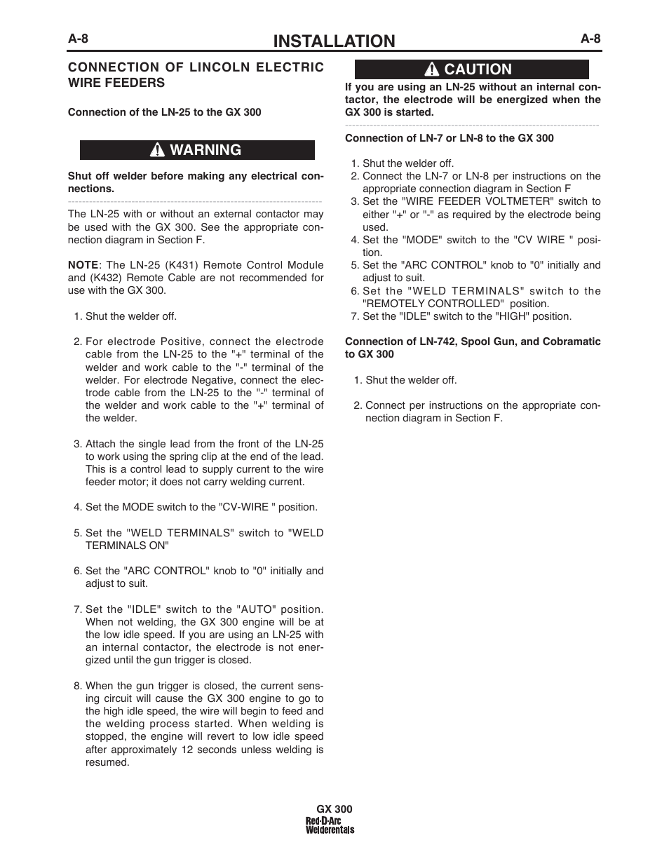 Installation, Warning caution | Lincoln Electric IM10047 RED-D-ARC GX300 User Manual | Page 16 / 68