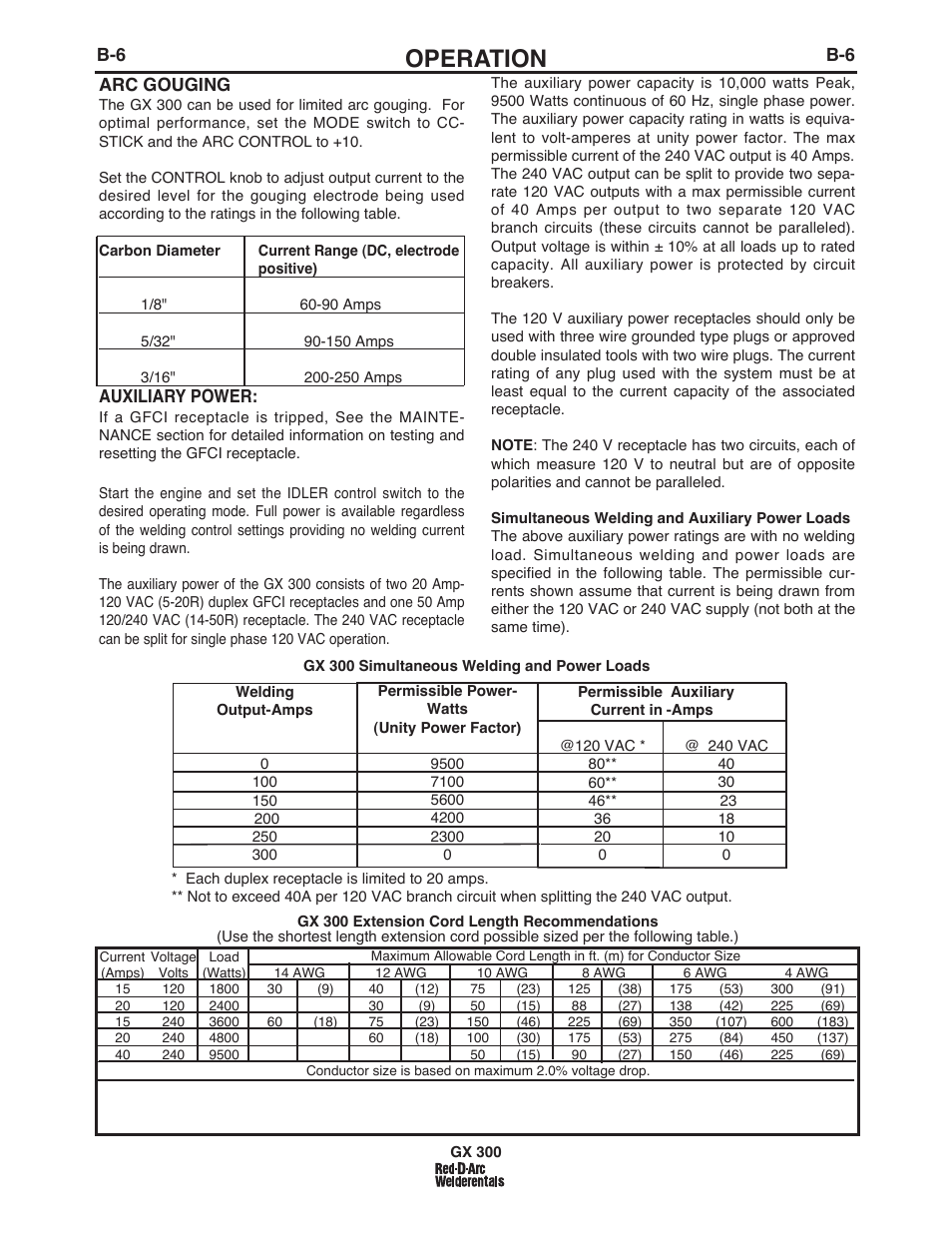 Operation, B-6 arc gouging, Auxiliary power | Lincoln Electric IM10047 RED-D-ARC GX300 User Manual | Page 22 / 68