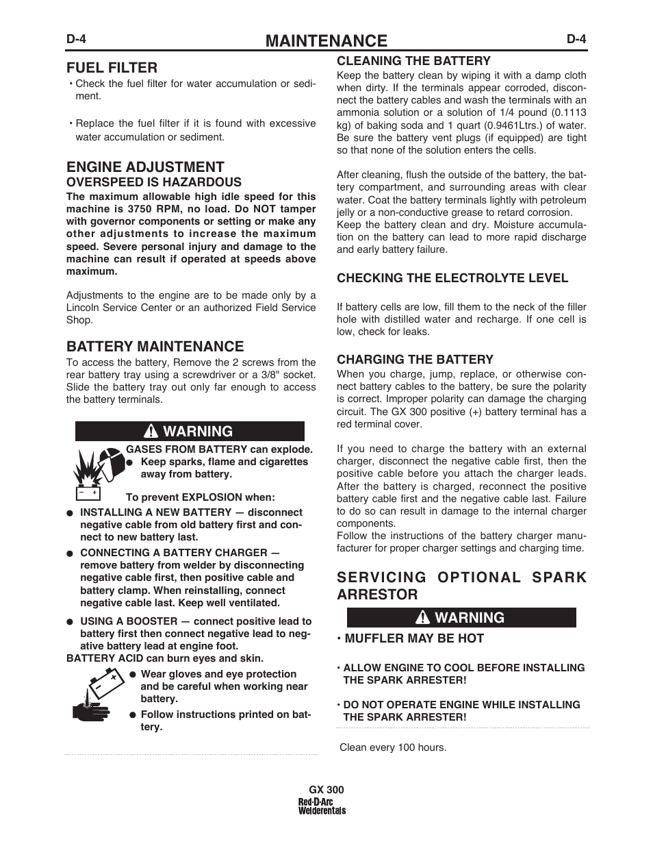 Maintenance, Fuel filter, Engine adjustment | Battery maintenance, Servicing optional spark arrestor, Warning | Lincoln Electric IM10047 RED-D-ARC GX300 User Manual | Page 27 / 68
