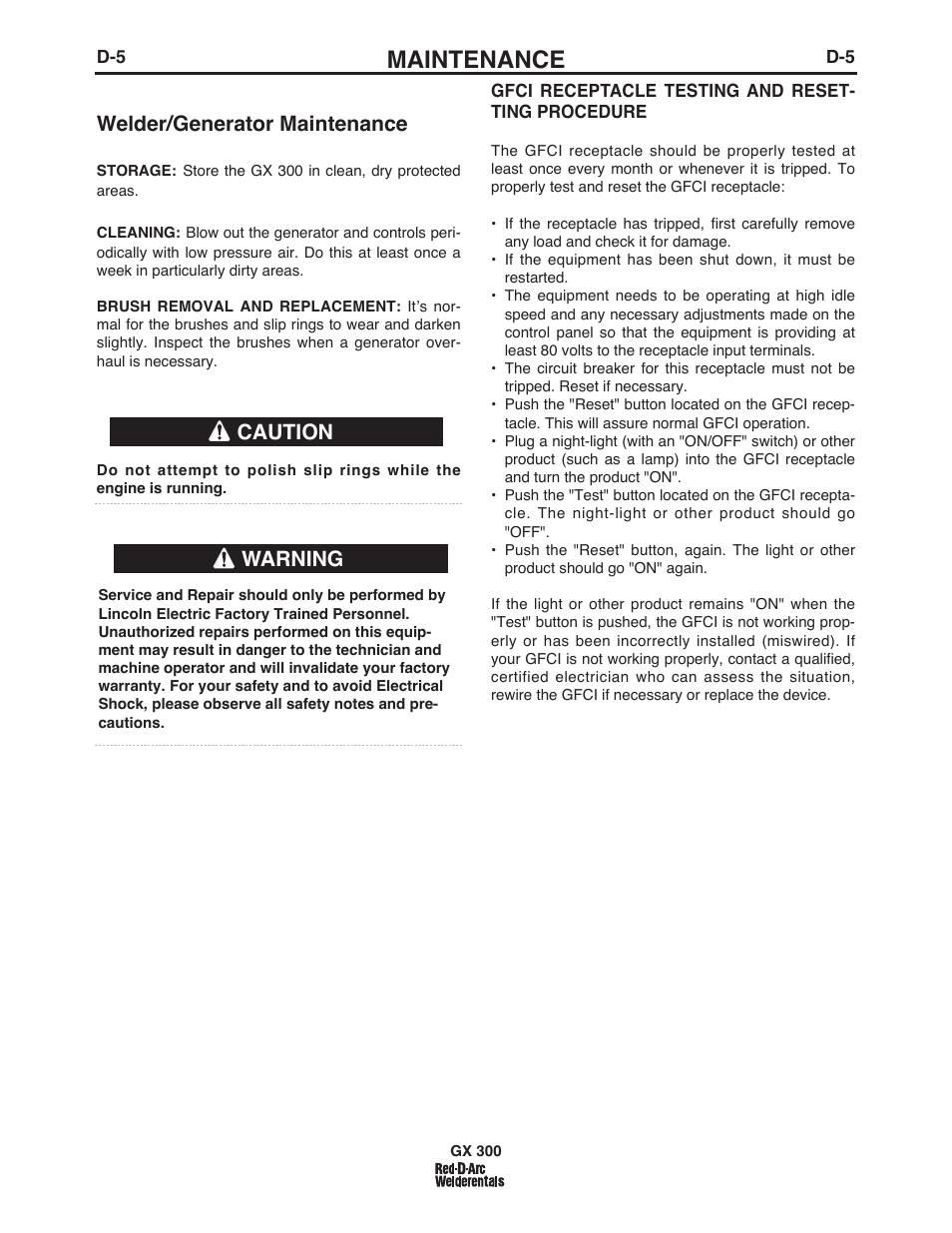 Maintenance, Welder/generator maintenance, Warning caution | Lincoln Electric IM10047 RED-D-ARC GX300 User Manual | Page 28 / 68