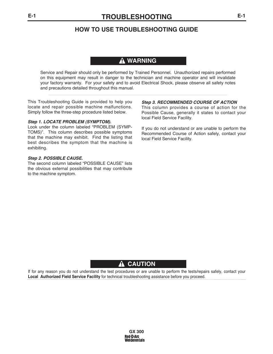 Troubleshooting, Caution, How to use troubleshooting guide | Warning | Lincoln Electric IM10047 RED-D-ARC GX300 User Manual | Page 29 / 68