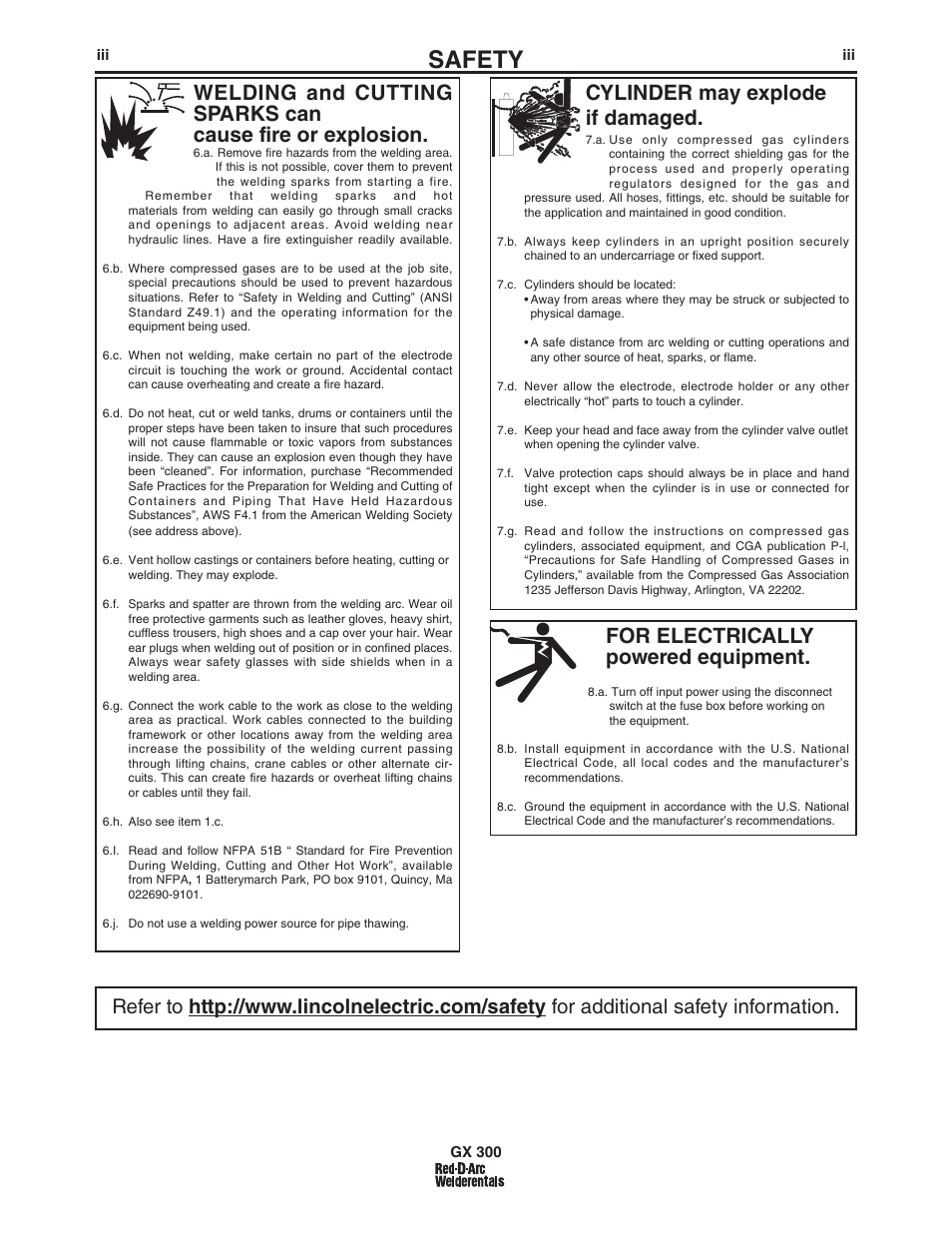 Safety, For electrically powered equipment, Cylinder may explode if damaged | Lincoln Electric IM10047 RED-D-ARC GX300 User Manual | Page 4 / 68