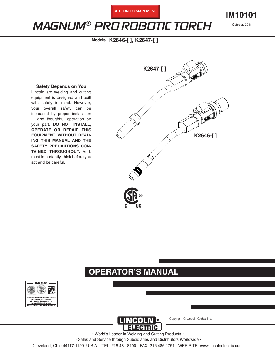 Lincoln Electric IM10101 MAGNUM PRO ROBOTIC TORCH K2646-,K2647- User Manual | 22 pages