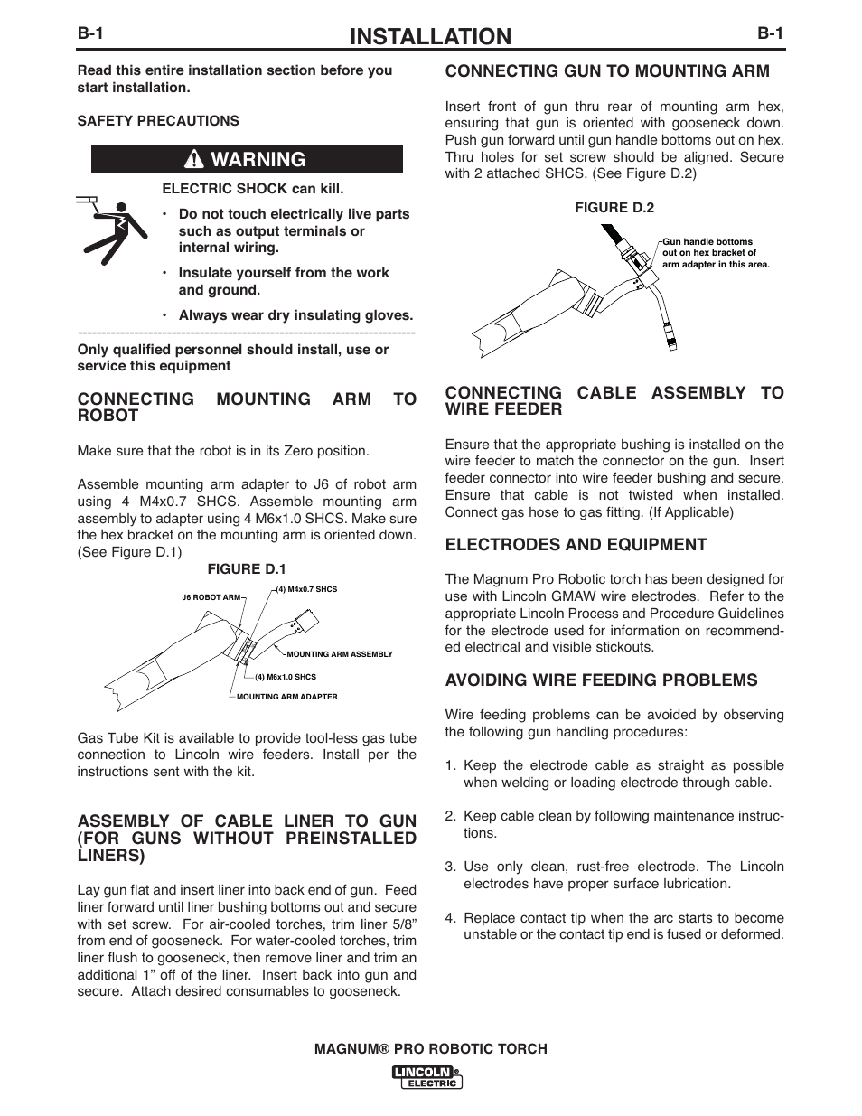 Installation, Warning | Lincoln Electric IM10101 MAGNUM PRO ROBOTIC TORCH K2646-,K2647- User Manual | Page 11 / 22