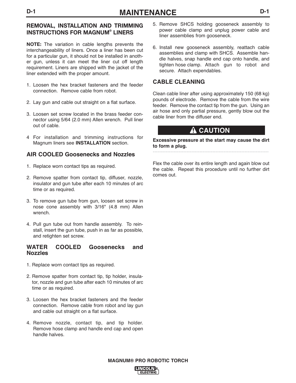 Maintenance, Caution | Lincoln Electric IM10101 MAGNUM PRO ROBOTIC TORCH K2646-,K2647- User Manual | Page 14 / 22