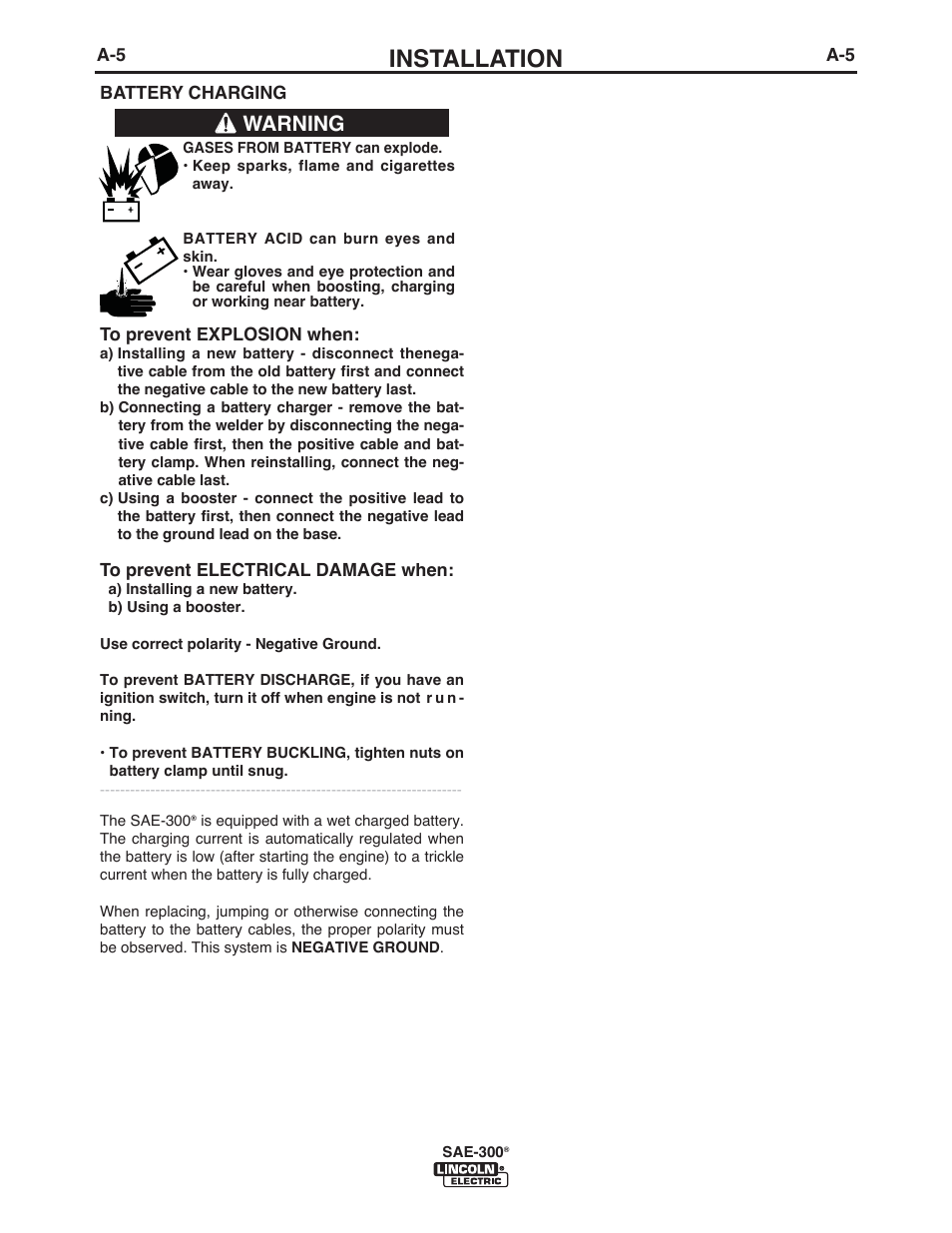 Installation, Warning | Lincoln Electric IM10088 SAE-300 User Manual | Page 12 / 35