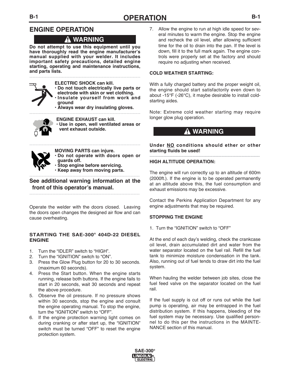 Operation, Engine operation, Warning | Lincoln Electric IM10088 SAE-300 User Manual | Page 14 / 35