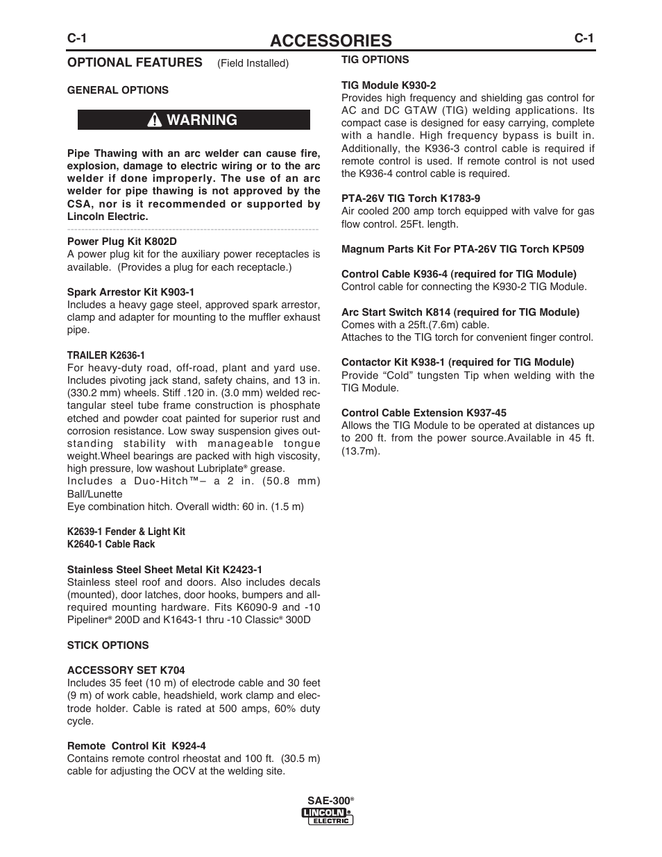 Accessories, Warning | Lincoln Electric IM10088 SAE-300 User Manual | Page 17 / 35