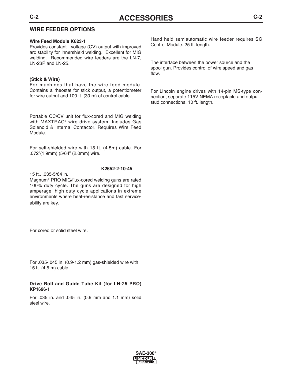 Accessories, C-2 wire feeder options | Lincoln Electric IM10088 SAE-300 User Manual | Page 18 / 35