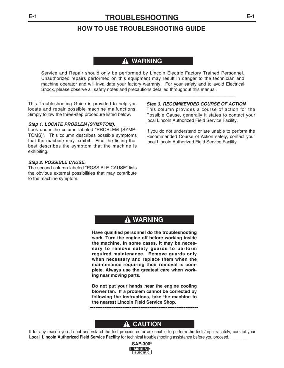 Troubleshooting, Caution, Warning | How to use troubleshooting guide | Lincoln Electric IM10088 SAE-300 User Manual | Page 23 / 35