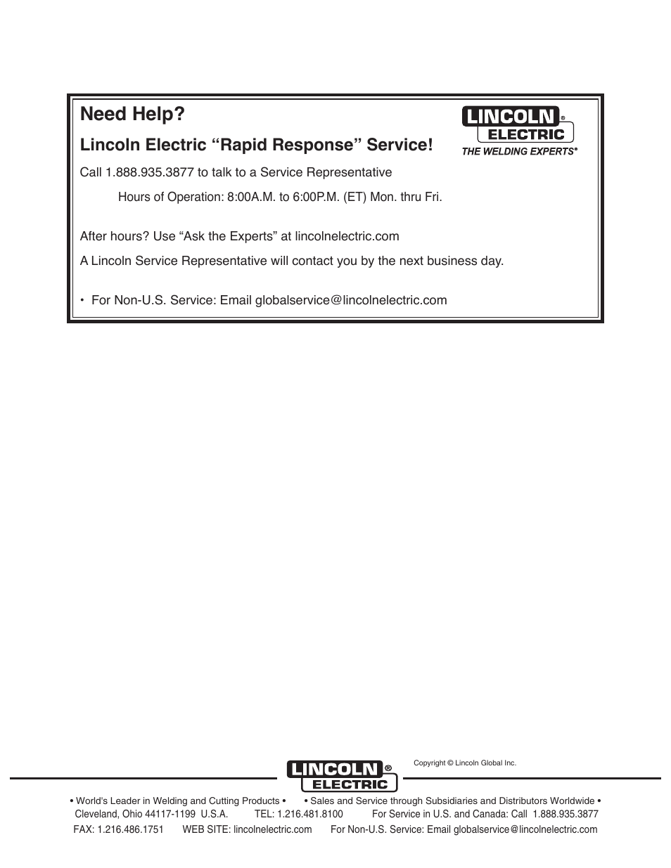 Need help, Lincoln electric “rapid response” service | Lincoln Electric IM10088 SAE-300 User Manual | Page 35 / 35