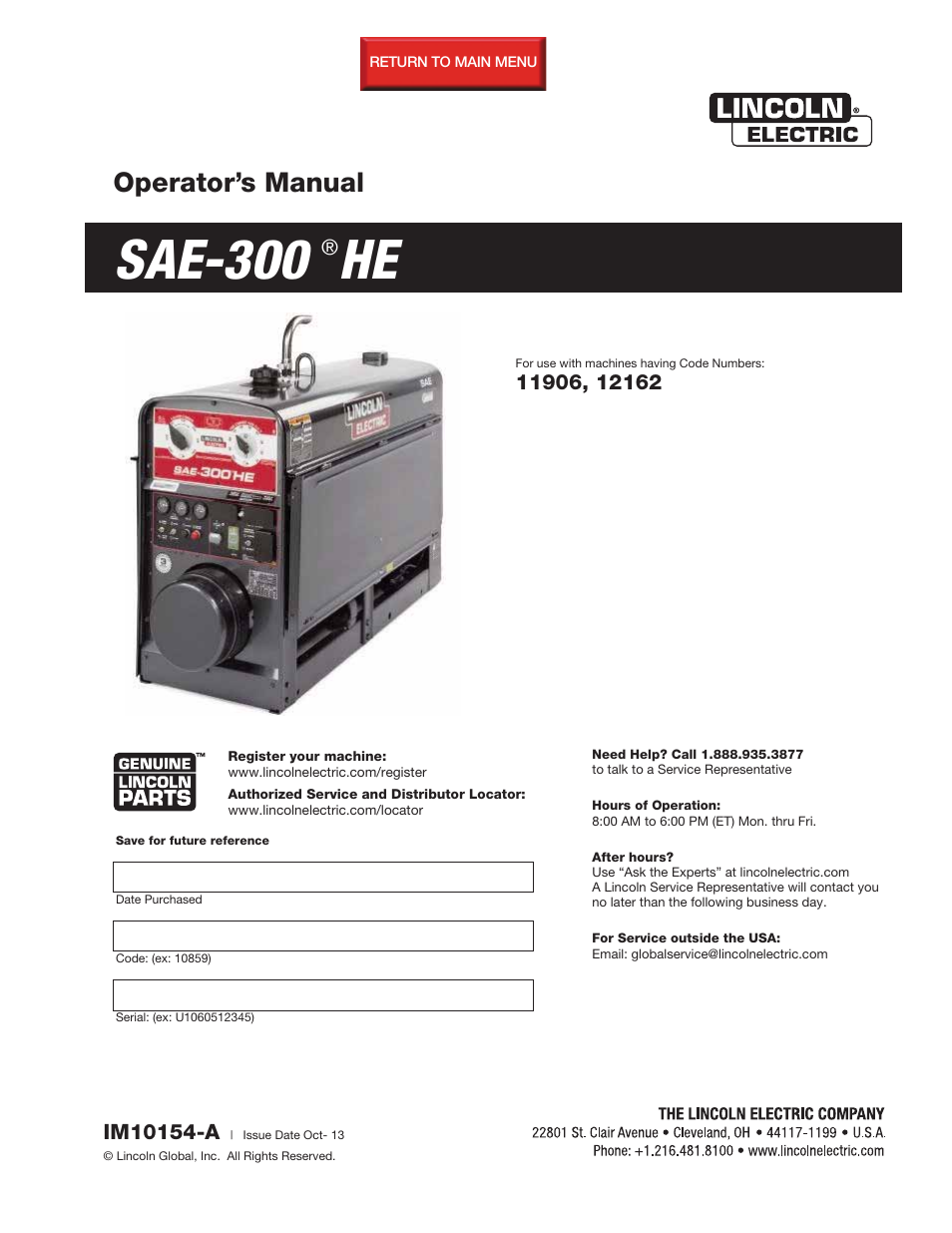 Lincoln Electric IM10154 SAE-300 HE User Manual | 64 pages