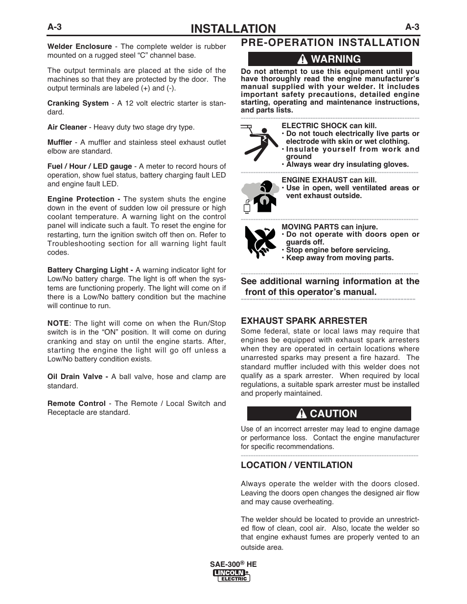 Installation, Pre-operation installation, Warning caution | Lincoln Electric IM10154 SAE-300 HE User Manual | Page 10 / 64