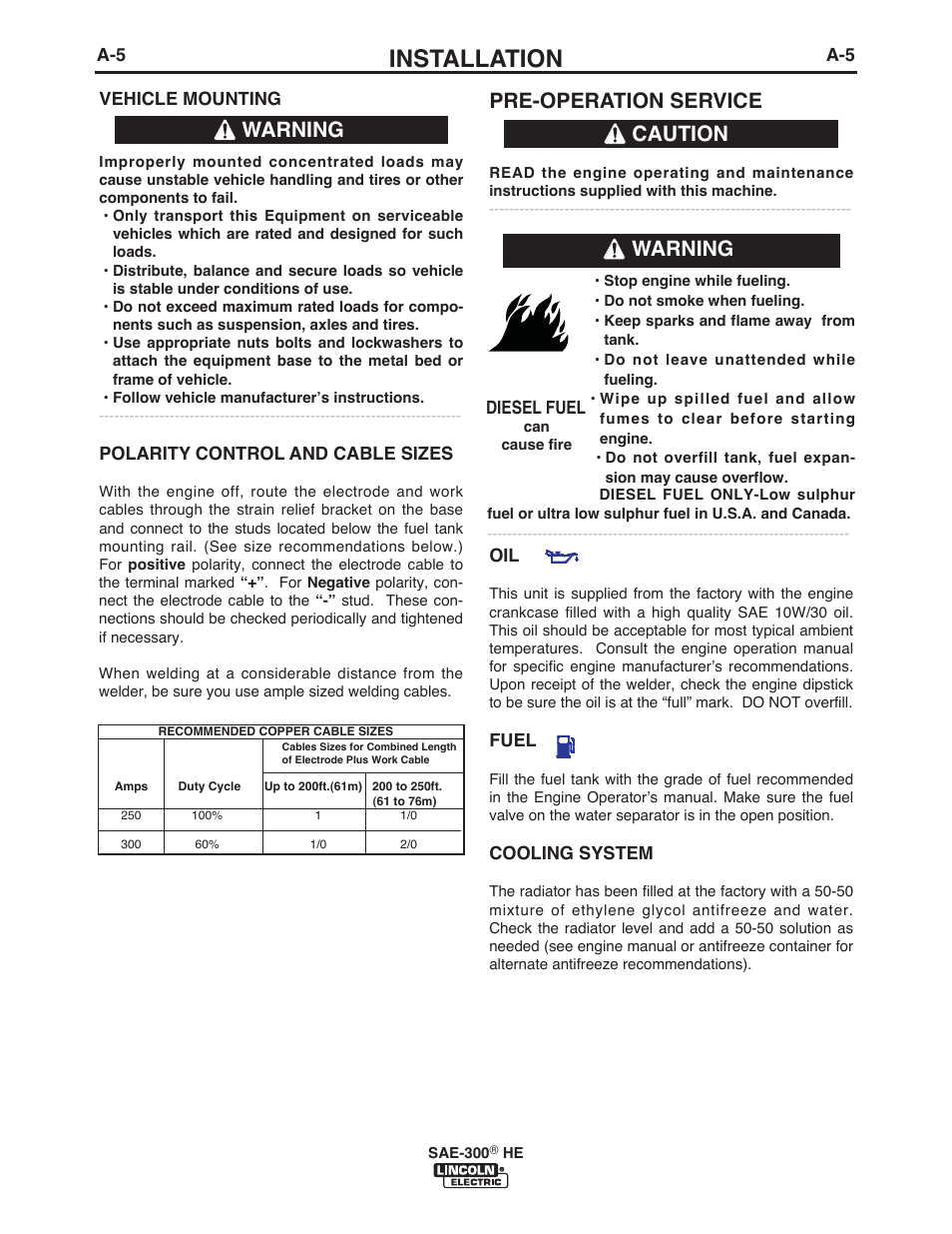 Installation, Pre-operation service, Caution | Warning | Lincoln Electric IM10154 SAE-300 HE User Manual | Page 12 / 64