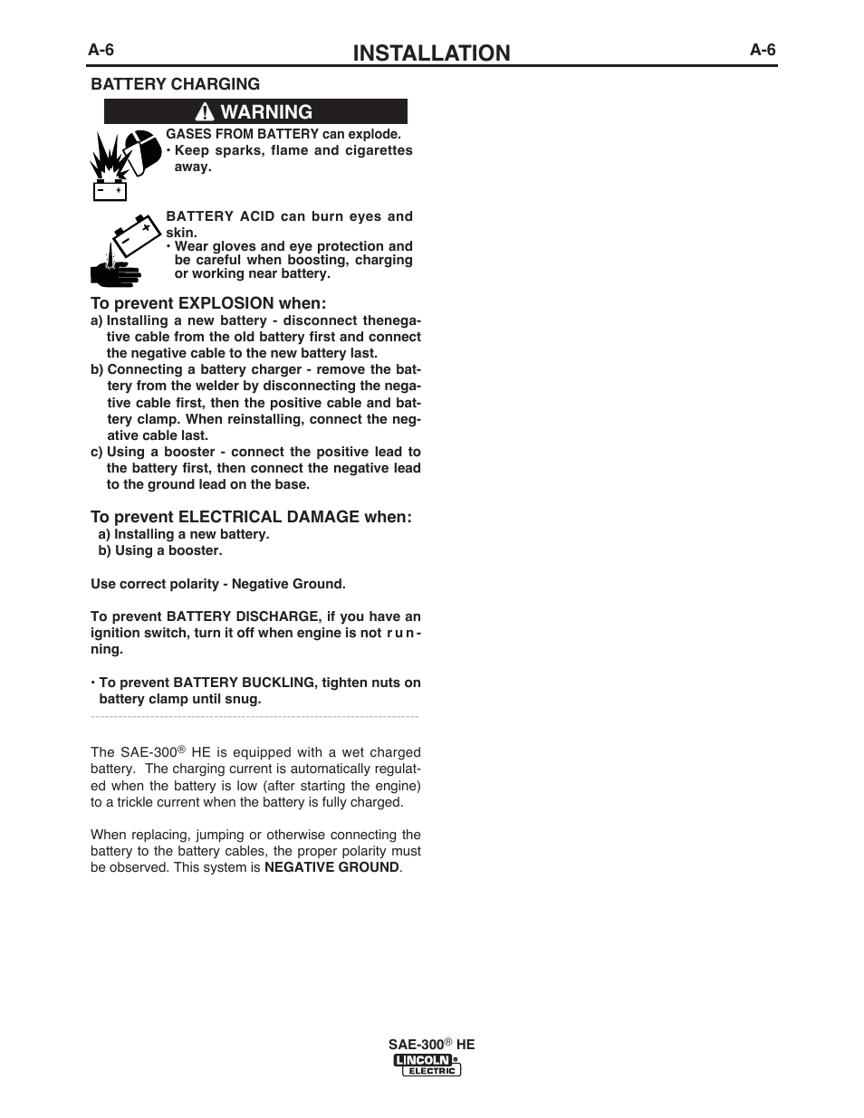 Installation, Warning | Lincoln Electric IM10154 SAE-300 HE User Manual | Page 13 / 64