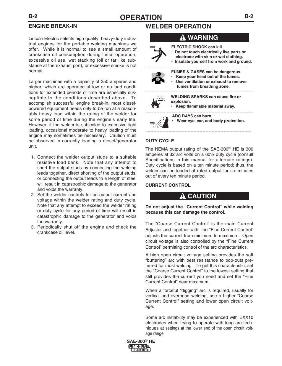 Operation, Welder operation, Warning caution | Lincoln Electric IM10154 SAE-300 HE User Manual | Page 16 / 64