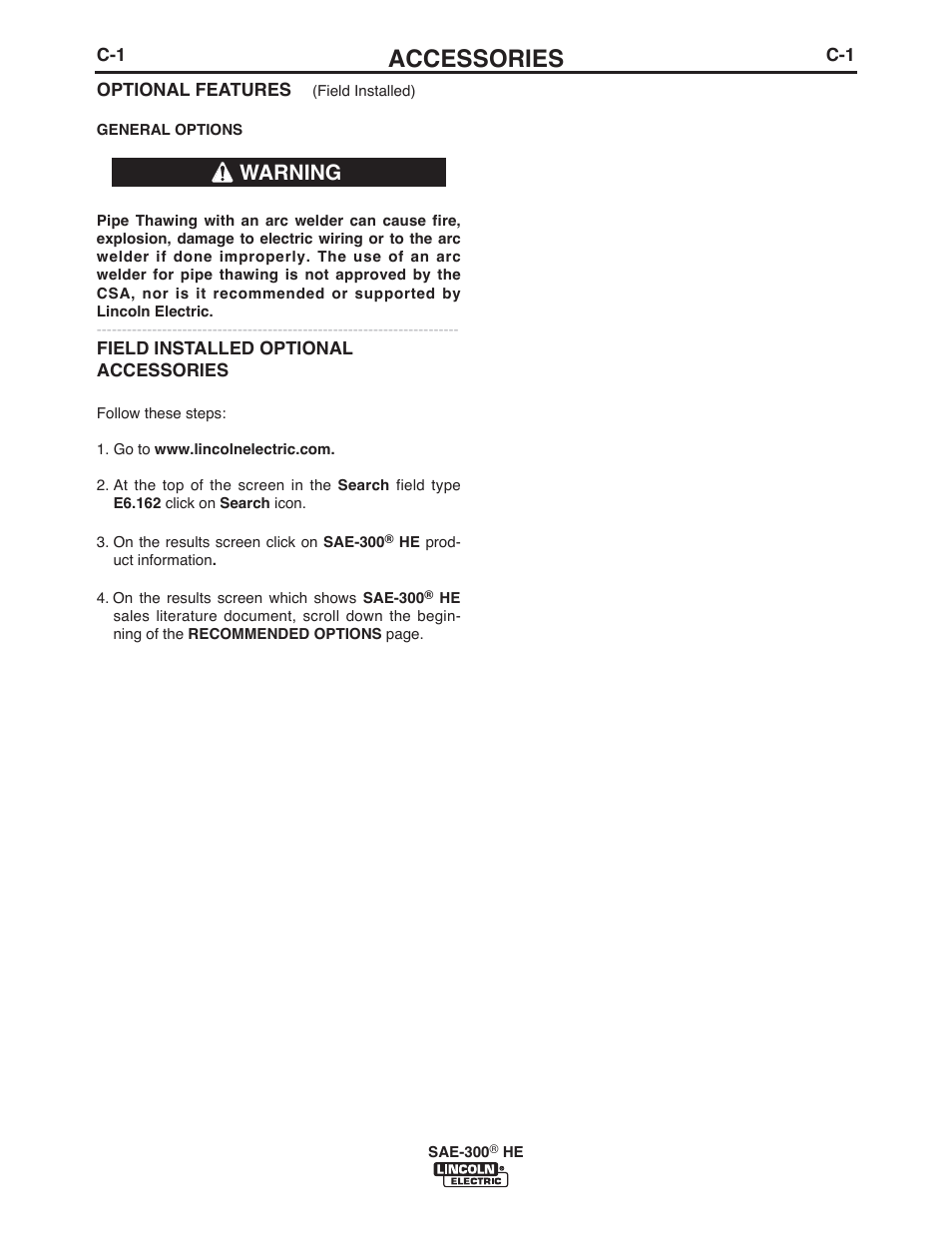 Accessories, Warning | Lincoln Electric IM10154 SAE-300 HE User Manual | Page 19 / 64