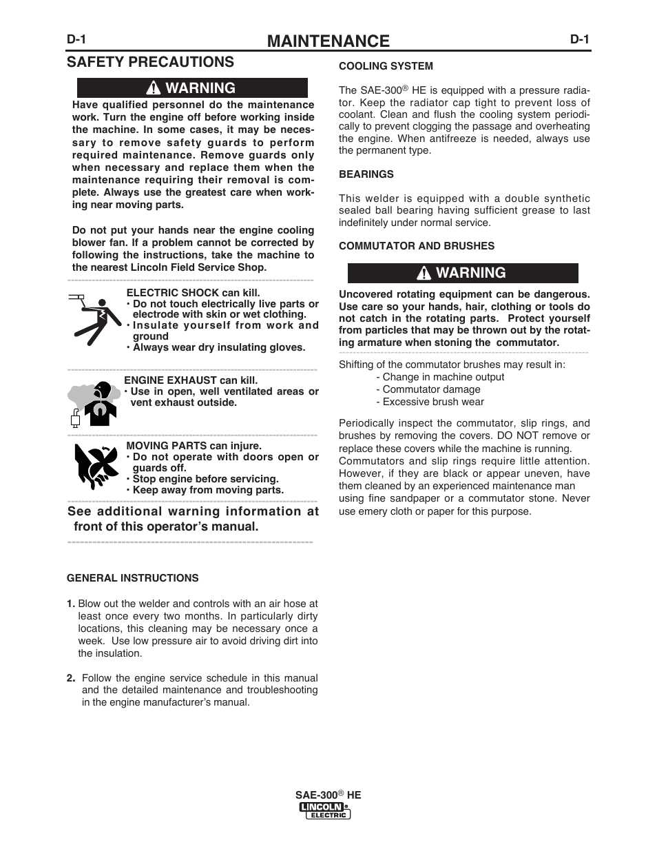 Maintenance, Safety precautions, Warning | Lincoln Electric IM10154 SAE-300 HE User Manual | Page 20 / 64