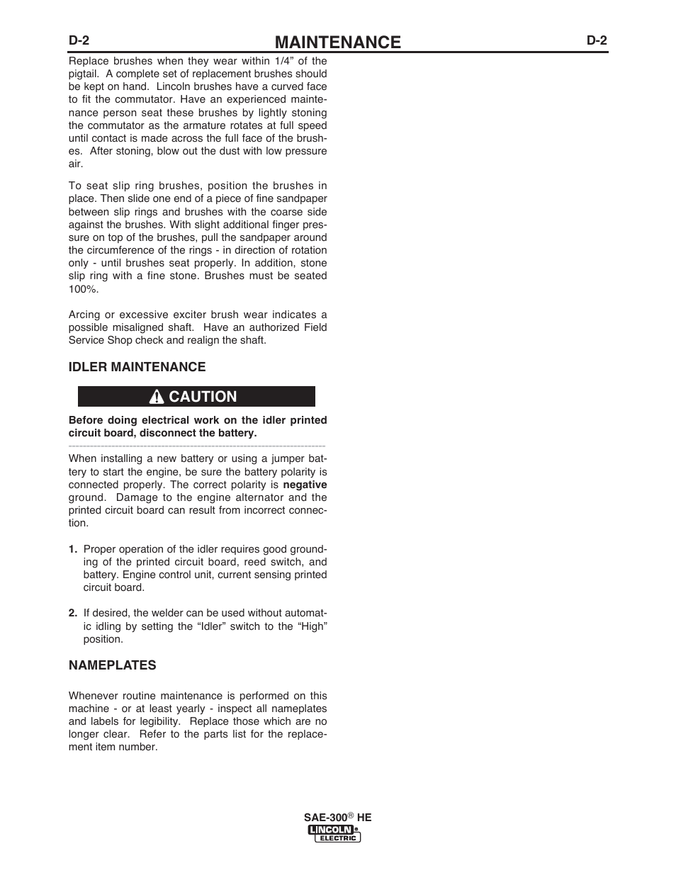 Maintenance, Caution | Lincoln Electric IM10154 SAE-300 HE User Manual | Page 21 / 64