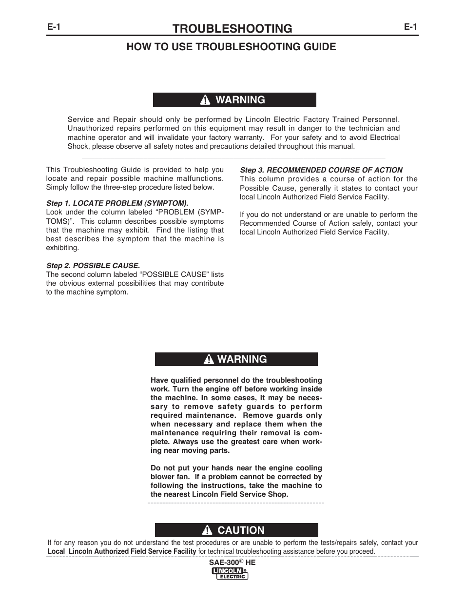 Troubleshooting, Caution, Warning | How to use troubleshooting guide | Lincoln Electric IM10154 SAE-300 HE User Manual | Page 24 / 64