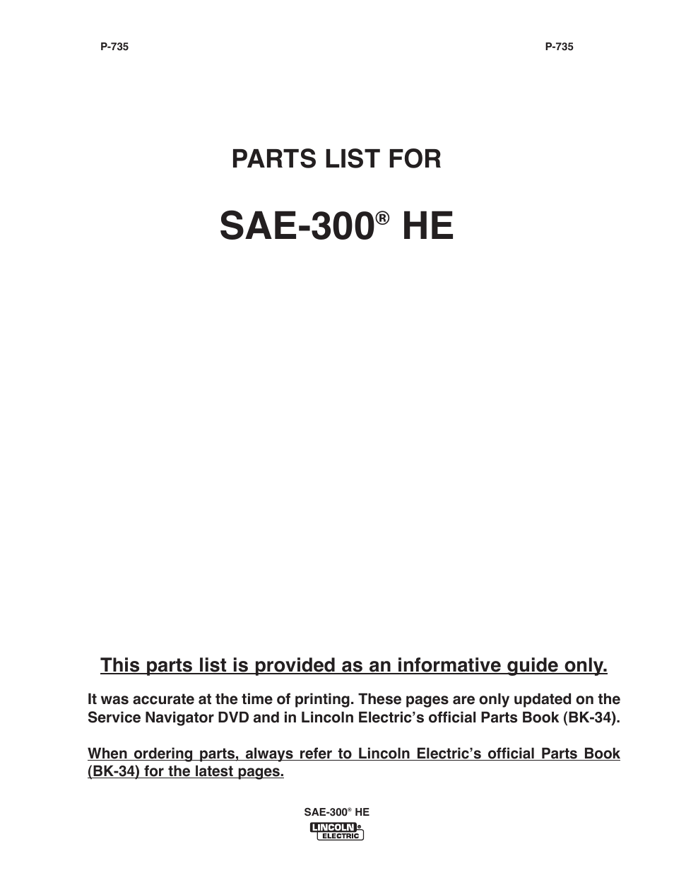 Sae-300, Parts list for | Lincoln Electric IM10154 SAE-300 HE User Manual | Page 35 / 64