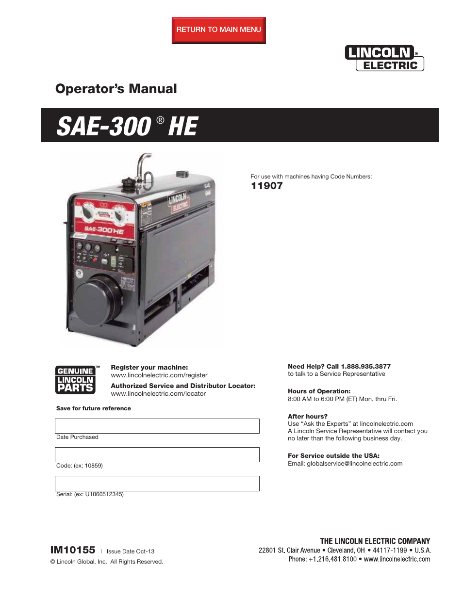 Lincoln Electric IM10155 SAE-300 HE User Manual | 64 pages
